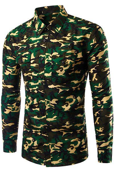 Casual Long Sleeve Turn Down Collar Camo Shirt For Men - Camouflage M