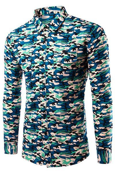 Casual Turn Down Collar Long Sleeves Camo Shirt For Men - Camouflage S