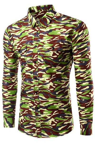 Men's Casual Long Sleeve Turn Down Collar Como Shirt - Camouflage 2XL