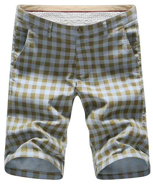 Color Block Plaid Imprimer Hétéro Minceur Shorts Leg Zipper Fly Hommes - Vert clair 32