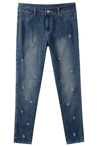 Casual Women's Destroy Wash Plus Size Skinny Jeans - Bleu 36