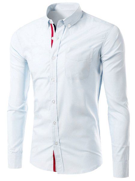 Slim Fit Turn Down Collar Color Block Design Long Sleeves Shirt For Men - Blanc M