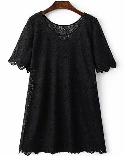 Ladylike Col rond 1/2 Mini-robe de dentelle manches solides Couleur Femmes - Noir L