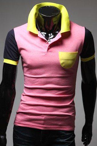 Col rabattu Polo Color Block Spliced ​​manches courtes T-shirt - Rose XL