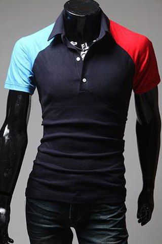Trendy Turn-Down Collar Color Block Spliced Short Sleeve Men's T-Shirt - Cadetblue M