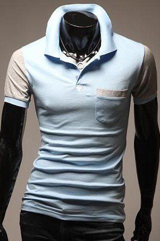 Tournez-Down Collar Color Block Spliced ​​Pocket embellies manches courtes hommes Polo T-Shirt - Bleu clair XL