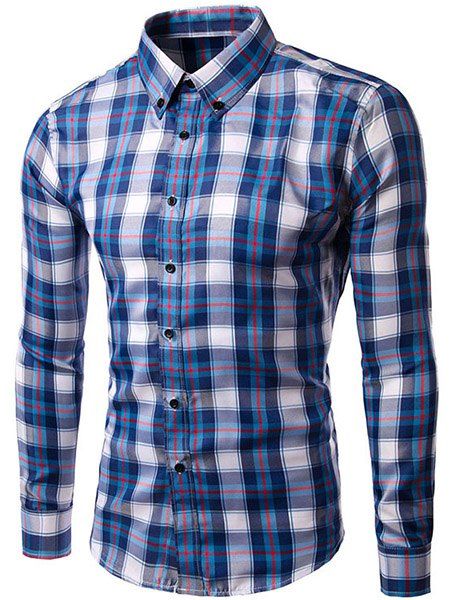 Men's Slimming Turn Down Collar Checked Long Sleeves Shirt - Cyan / Blanc XL