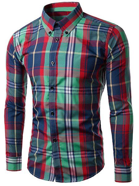 Slim Fit Turn Down Collar Plaid Long Sleeves Shirt For Men - Rouge et Vert XL