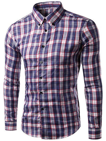 Slimming Turn Down Collar Checked Long Sleeve Shirt For Men - Rouge et Blanc L