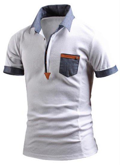 Tournez-Down Collar Color Block Spliced ​​Faux Pocket Agrémentée T-shirt Polo manches courtes hommes - Blanc 2XL