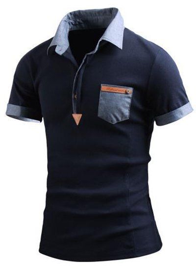 Tournez-Down Collar Color Block Spliced ​​Faux Pocket Agrémentée T-shirt Polo manches courtes hommes - Cadetblue 3XL