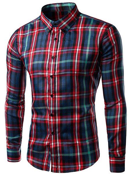 Men's Slimming Plaid Long Sleeves Turn Down Collar Shirt - multicolore XL