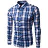 Men's Slimming Turn Down Collar Checked Long Sleeves Shirt - Cyan / Blanc XL