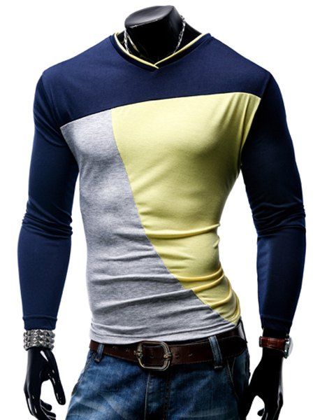 T-shirt col en V Color Block Spliced ​​manches longues hommes - Jaune 2XL