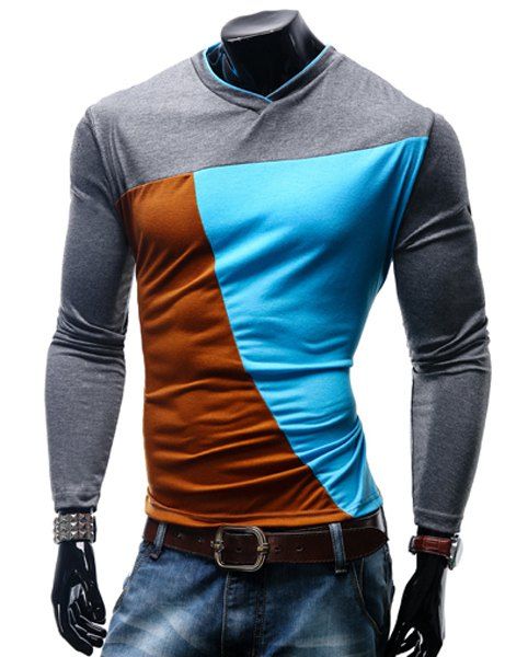 T-shirt col en V Color Block Spliced ​​manches longues hommes - Bleu 2XL