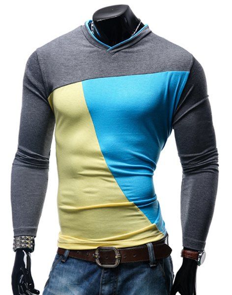 T-shirt col en V Color Block Spliced ​​manches longues hommes - Azur M