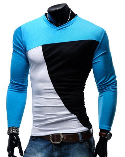 T-shirt col en V Color Block Spliced ​​manches longues hommes - Noir M