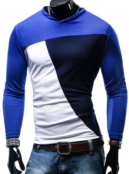 T-shirt col en V Color Block Spliced ​​manches longues hommes - Cadetblue XL