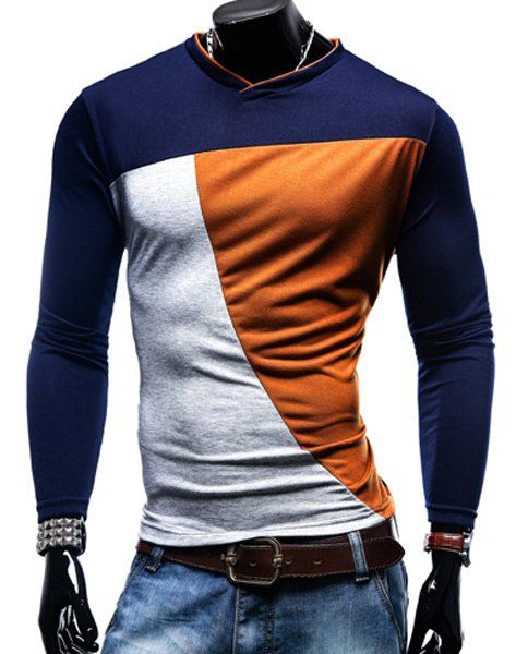 T-shirt col en V Color Block Spliced ​​manches longues hommes - Orange M
