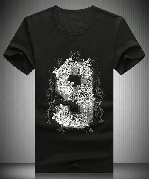 Round Neck 3D Flower and Number Printed Short Sleeve Men's T-Shirt - Noir XL