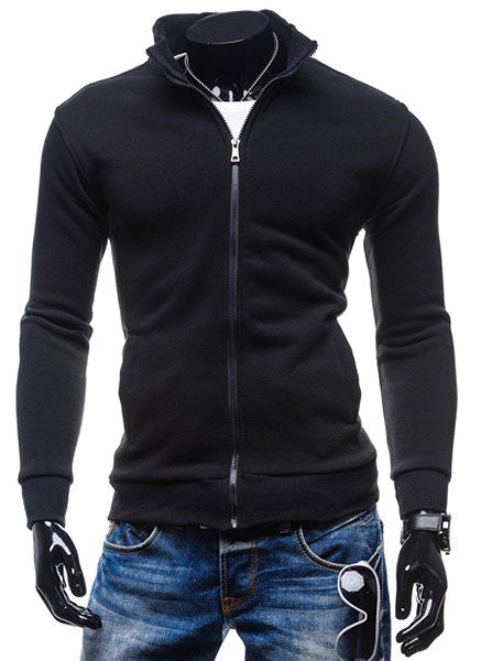 

Simple Stand Collar Solid Color Rib Spliced Long Sleeve Men's Sweatshirt, Black