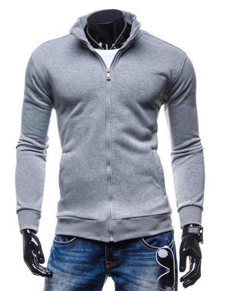 

Simple Stand Collar Solid Color Rib Spliced Long Sleeve Men's Sweatshirt, Light gray