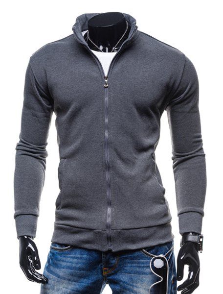 

Simple Stand Collar Solid Color Rib Spliced Long Sleeve Men's Sweatshirt, Deep gray