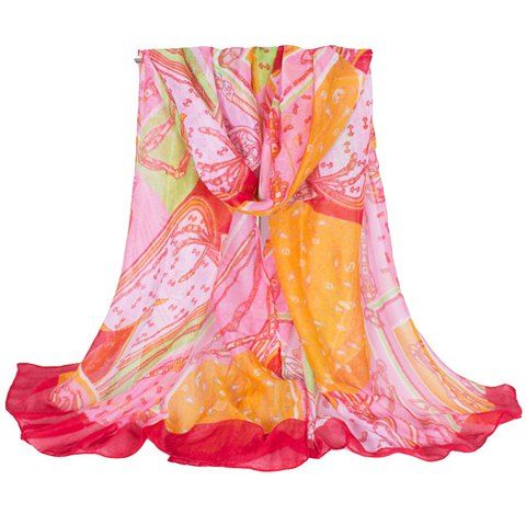 

Chic Hemming Chain and Striped Printing Color Matching Voile Scarf For Women, Red