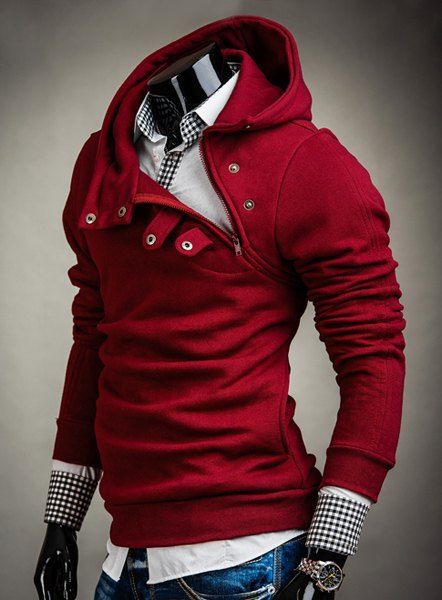 

Hooded Inclined Button Design Solid Color Long Sleeve Men's Hoodie, Wine red