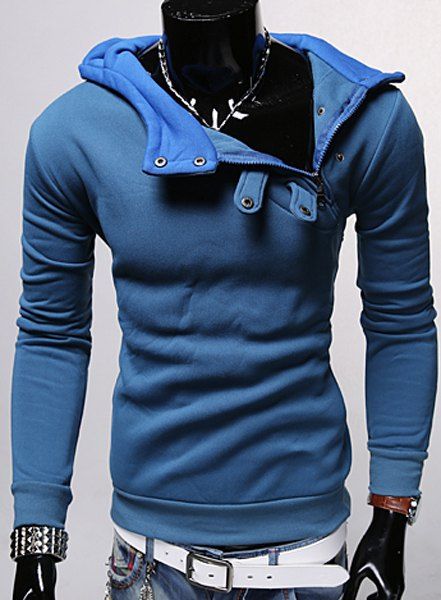 

Hooded Inclined Button Design Solid Color Long Sleeve Men's Hoodie, Blue
