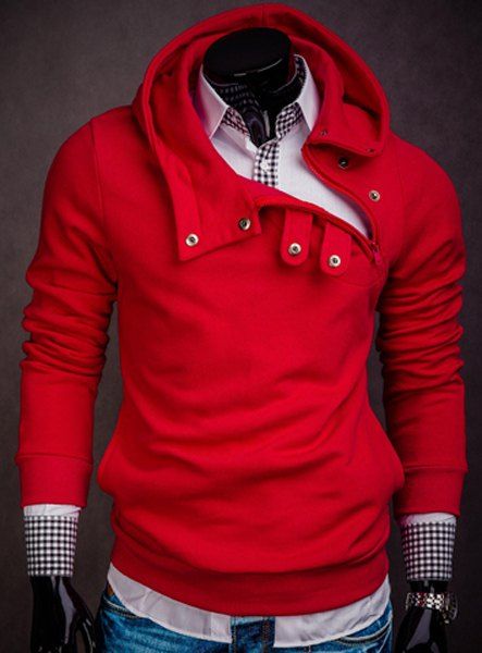 Capuche Bouton Inclined design solide Hoodie couleur manches longues hommes - Rouge M