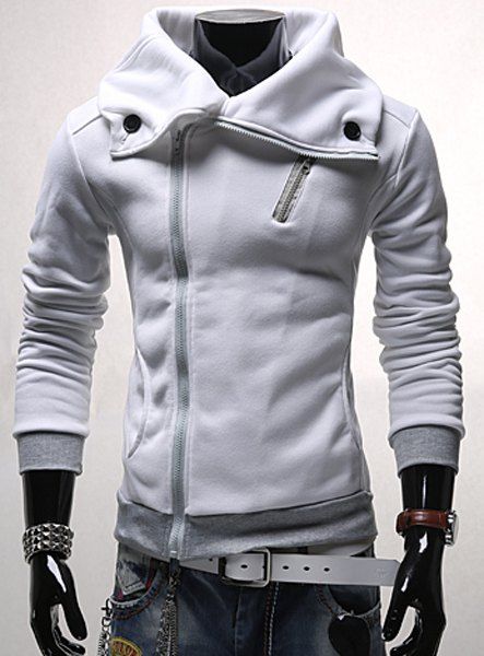 Tournez-Down Collar Rib Splicing Zipper Sweatshirt Motif manches longues hommes - Blanc Naturel L