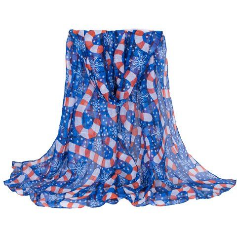 Chic Hemming Snowflake and Candy Cane Printing Voile Scarf For Women - Bleu profond 