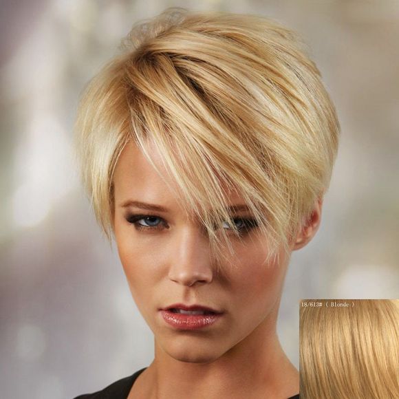 Ultrashort Side Bang Fluffy perruque de cheveux humains pour les femmes - Blonde 
