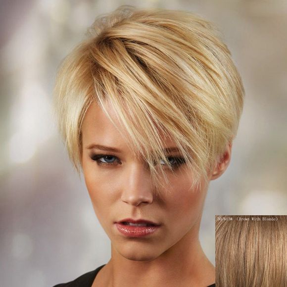 Ultrashort Side Bang Fluffy perruque de cheveux humains pour les femmes - Brun Avec Blonde 