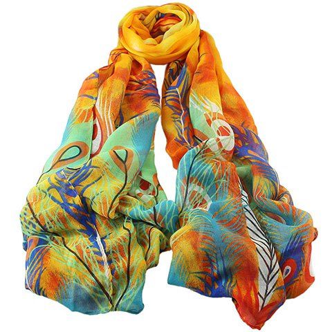 Chic Peacock Feathers Painting Pattern Women's Voile Scarf - Orange 