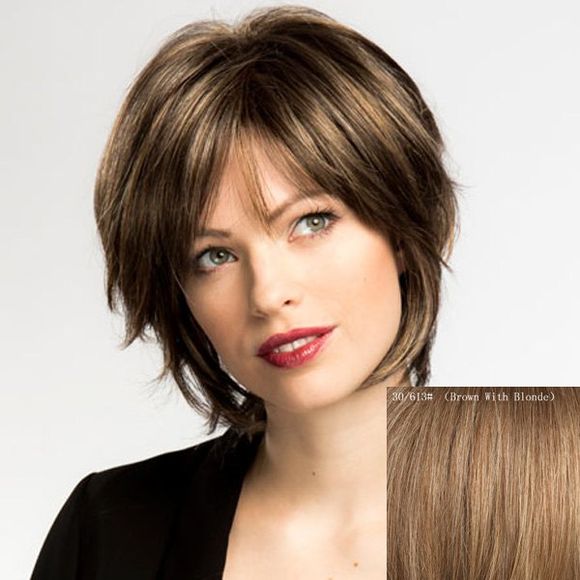 Perruque de Cheveux Humains avec Volume et Frange sur le Côté pour Femmes - Brun Avec Blonde 
