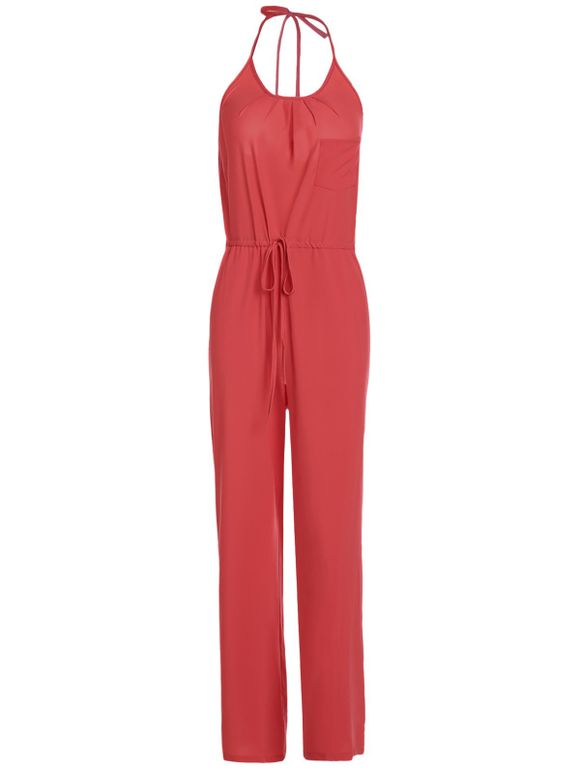 Chic Pure Color Spaghetti Strap jambe large vrac Jumpsuit pour les femmes - Rouge S