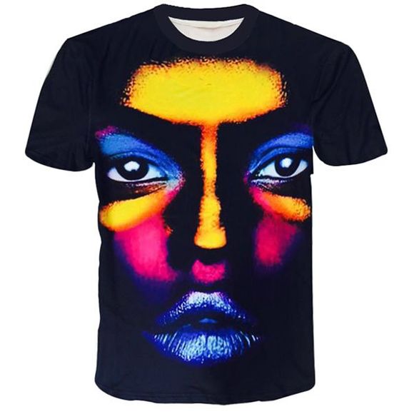 T-shirt col rond 3D Colorful Figure face imprimée à manches courtes hommes - Noir XL