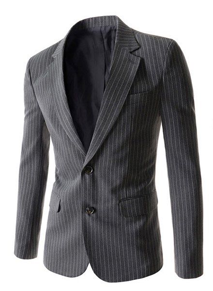 

Turn-Down Collar Vertical Stripes Flap Pocket Long Sleeve Men's Blazer, Gray
