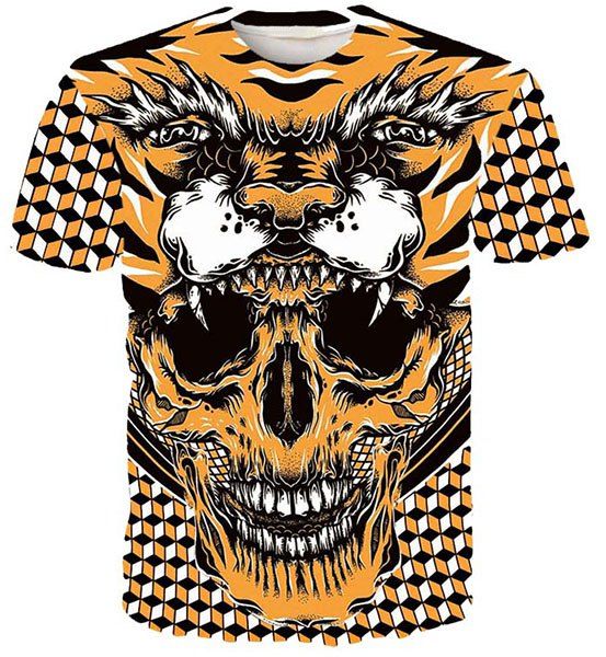 Col rond 3D géométrique Tigre et T-shirt de crâne imprimé à manches courtes hommes - multicolore 2XL