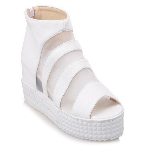 Stylish PU Leather and Wedge Heel Design Sandals For Women - Blanc 36