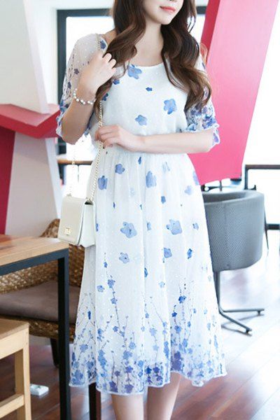 

Sweet Women's Scoop Neck 1/2 Sleeve Floral Print Flare Dress, Blue