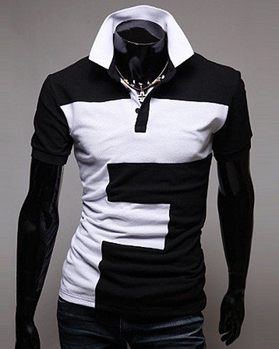 Polo de couleur Lump Spliced ​​Turn-down col manches courtes T-shirt - Noir L