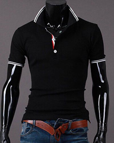 

Multi-Button Side Slit Turn-down Collar Short Sleeves Men's Polo T-Shirt, Black