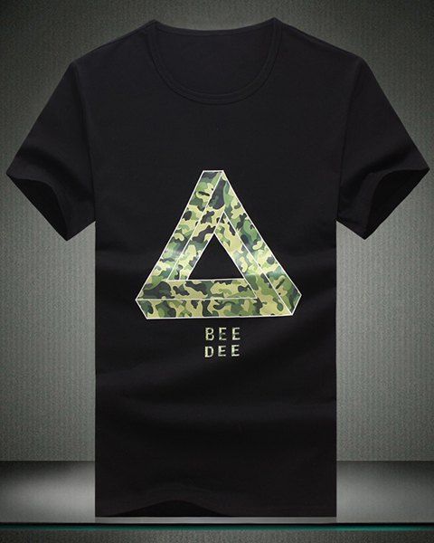 Round Neck Camo Printed Triangle Pattern Short Sleeve Men's T-Shirt - Noir M