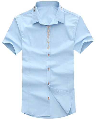 Embroidered Design Turn-Down Collar Short Sleeve Men's Shirt - Bleu clair 5XL