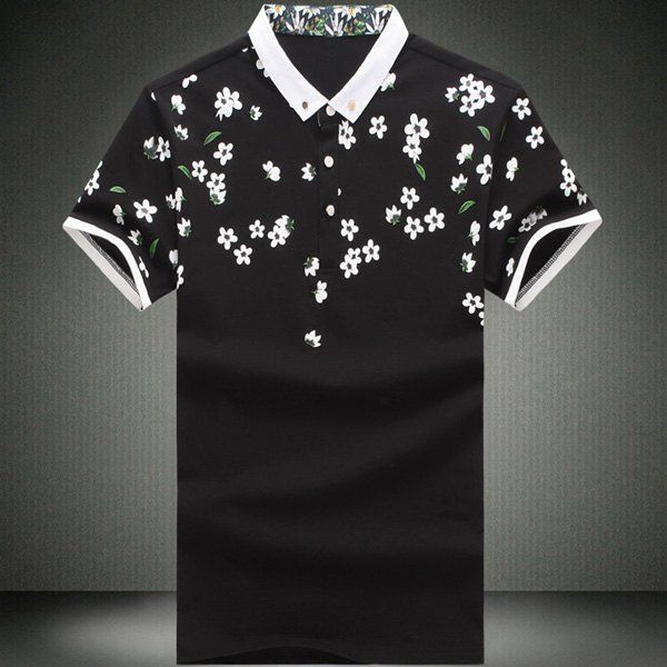 

Fashionable Turn-Down Collar Floral Print Short Sleeve Men's T-shirt, Black