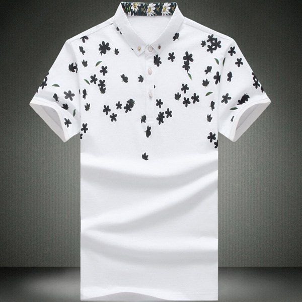 

Fashionable Turn-Down Collar Floral Print Short Sleeve Men's T-shirt, White