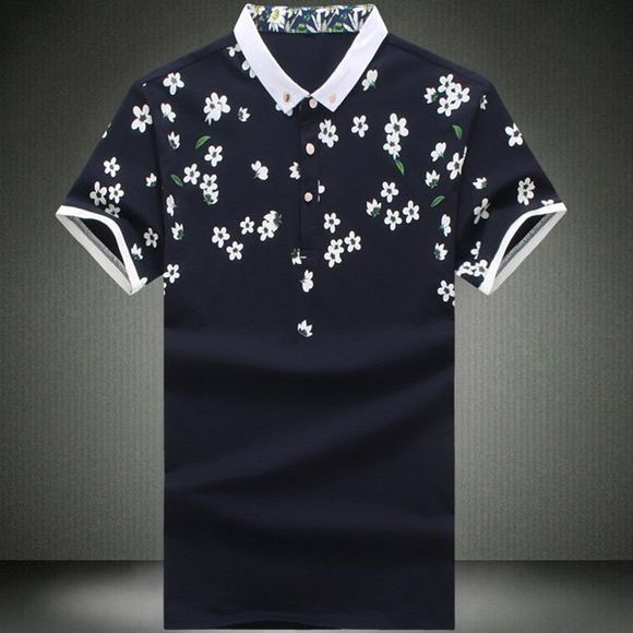 Fashionable Turn-Down Collar Floral Print Short Sleeve Men's T-shirt - Cadetblue M